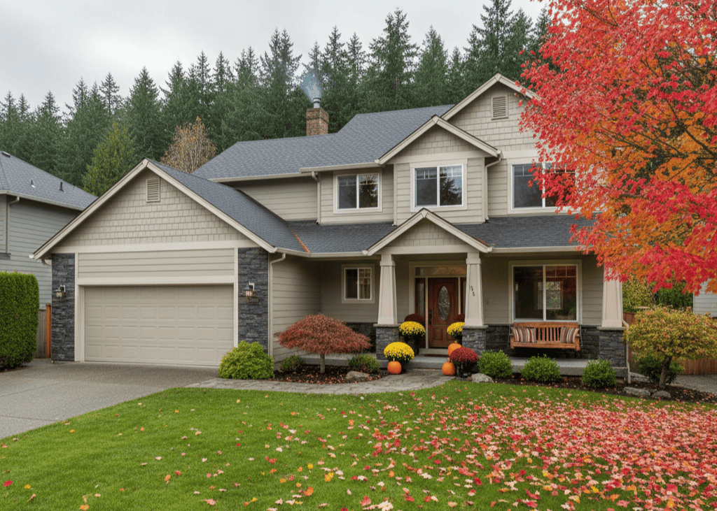 Autumn home with colorful foliage.
