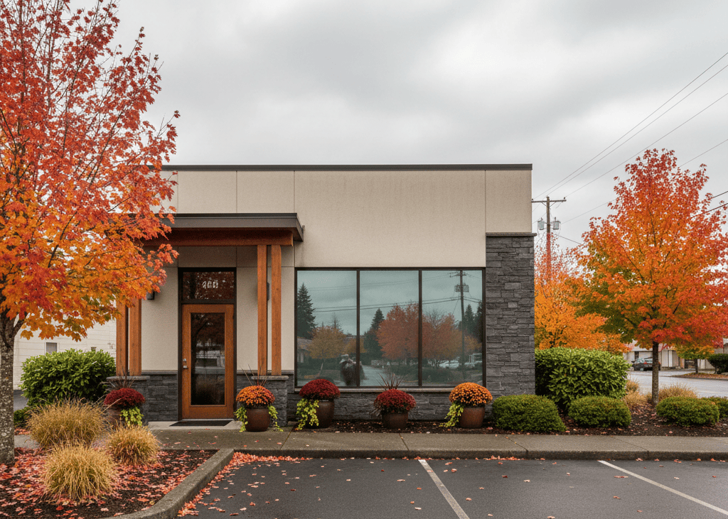 Autumn colors surround a commercial building.