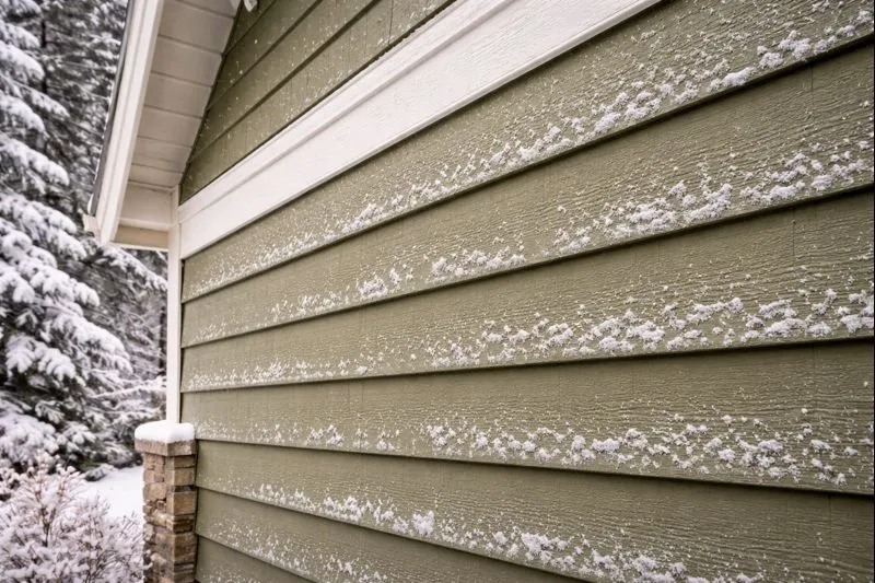 Snow on green wooden siding