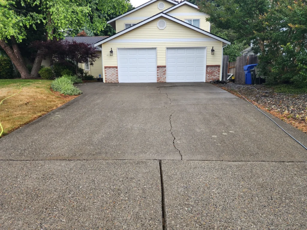 Wet driveway with visible cracks.